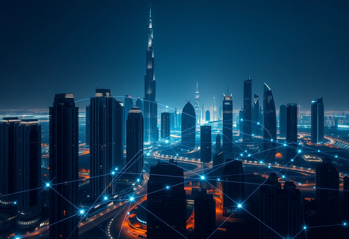 Dubai skyline with global network connections overlay, symbolizing PR Dubai's local and international reach